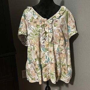 Caribbean Joe Blouse 3X Floral Plus Hawaiian Resort Cotton Top Tropical Island